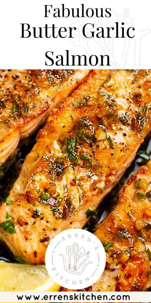 overhead shot of salmon with a butter and garlic sauce