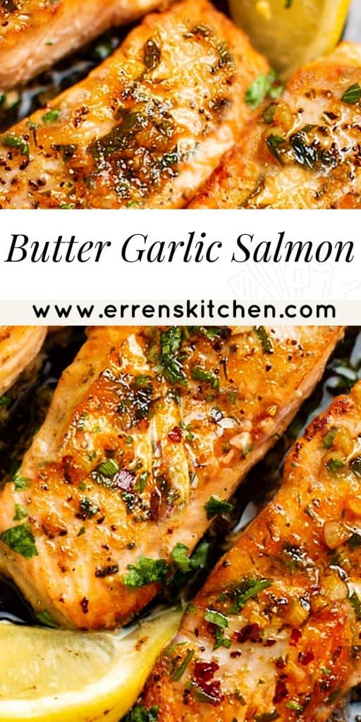 overhead shot of salmon with a butter and garlic sauce
