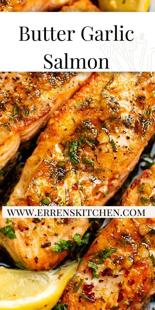 overhead shot of salmon with a butter and garlic sauce