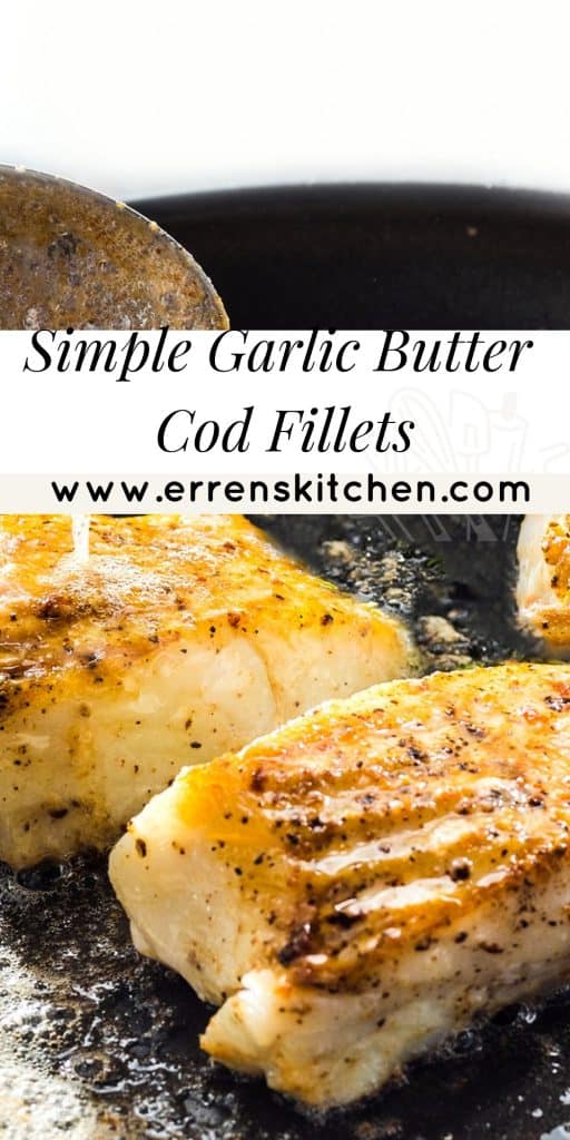 garlic butter being basted over cod fillets
