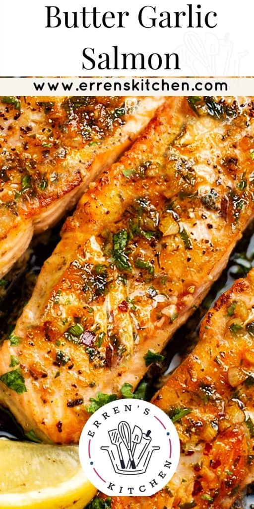 overhead shot of salmon with a butter and garlic sauce