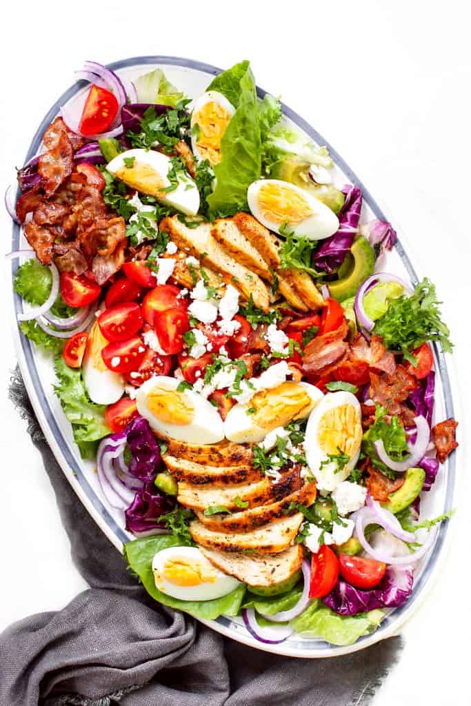 overhead shot of a cobb salad on a platter