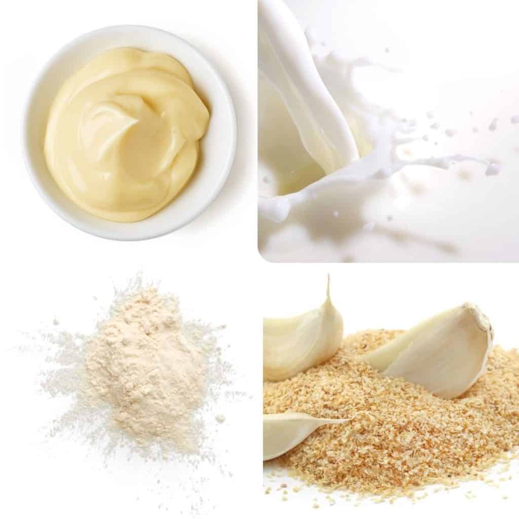 four pictures of mayonnaise, buttermilk, onion and garlic powder