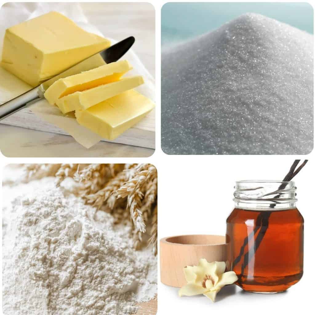 a picture of butter, sugar, flour and vanilla