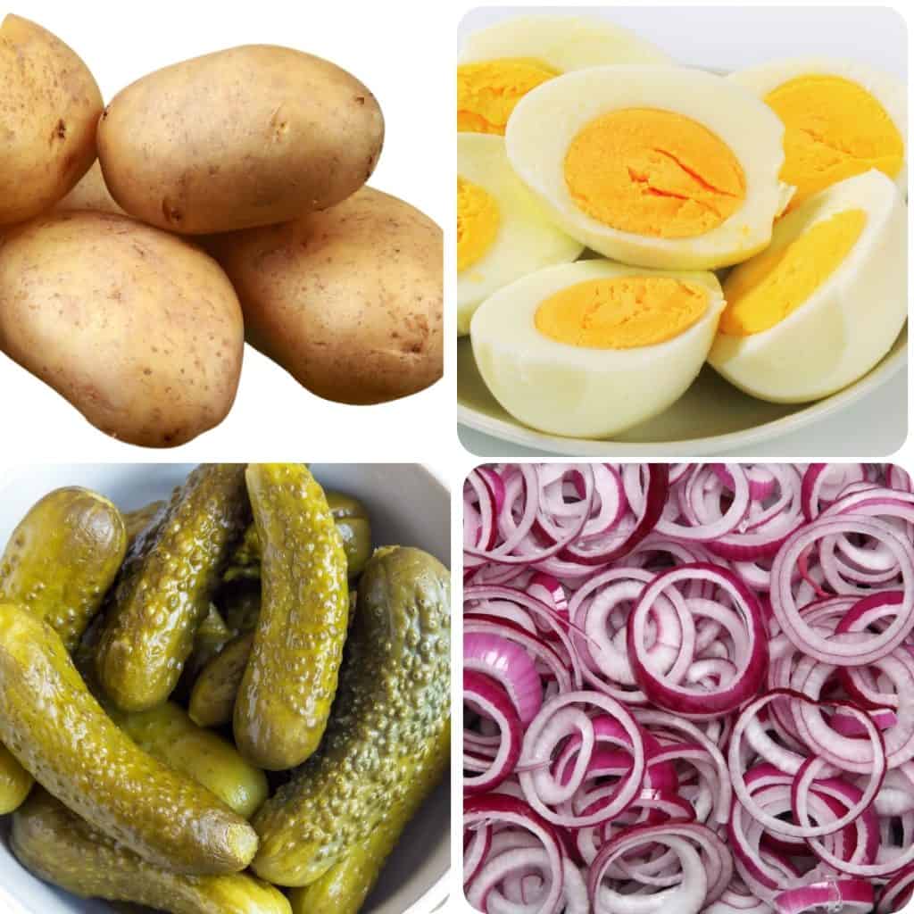 potatoes, hard boiled eggs, pickles, and onions