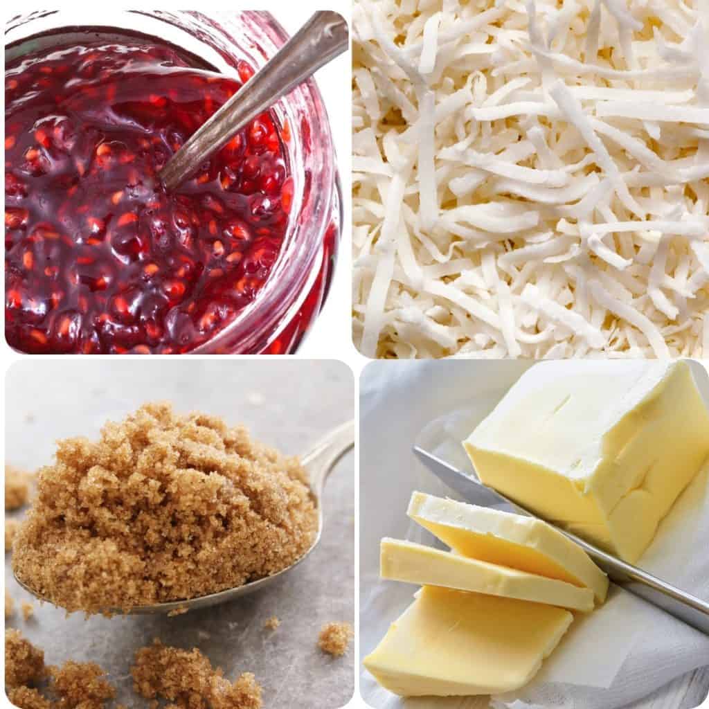 raspberry jam, shredded coconut, brown sugar, and butter