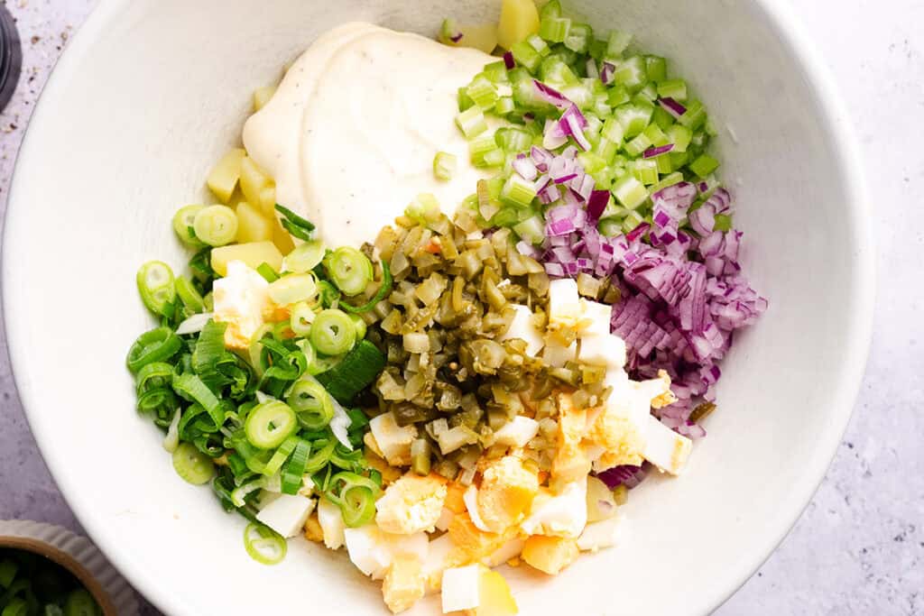 A bowl of Homemade Potato Salad featuring chopped green onions, diced hard-boiled eggs, pickles, red onions, celery, cubed potatoes, and a dollop of mayonnaise, all ready to be mixed together.