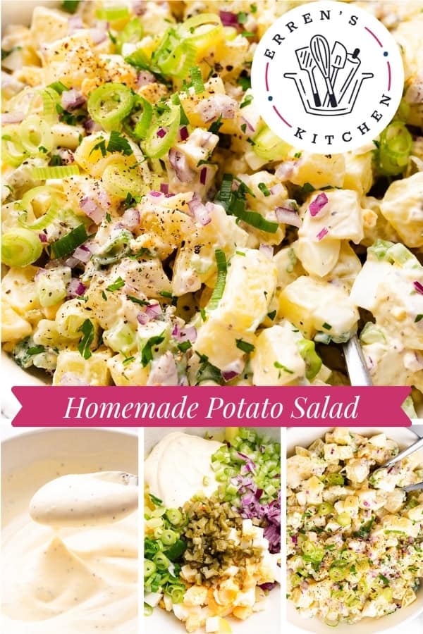 A collage featuring creamy Homemade Potato Salad topped with sliced green onions and pepper, close-ups of fresh ingredients, and a bowl of dressing. Text reads "Homemade Potato Salad" alongside the Erren's Kitchen logo.