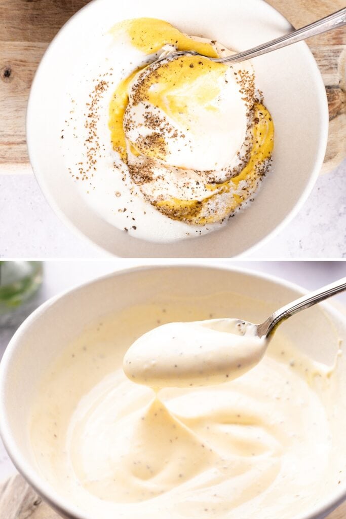 A bowl with mayonnaise ingredients (mustard, egg yolk, spices) before mixing, and another bowl showing the finished, creamy mayonnaise with a spoon—perfect for making delicious Homemade Potato Salad.