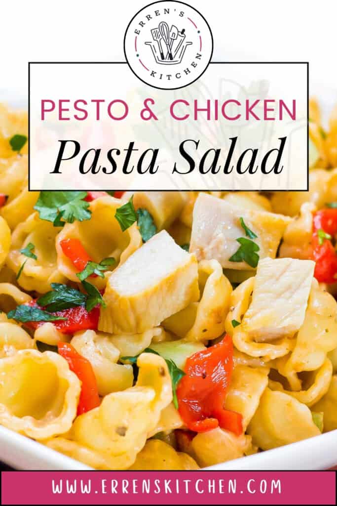 A colorful graphic for a pesto and chicken pasta salad recipe from Erren's Kitchen, featuring cooked pasta shells mixed with pieces of chicken, diced red tomatoes, and green herbs, all coated in a pesto sauce, with the website 'www.errenskitchen.com' displayed at the bottom.