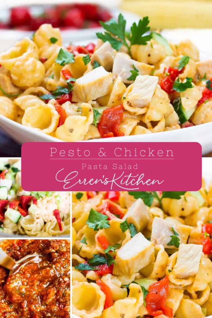 A vibrant promotional collage for Erren's Kitchen showcasing a creamy pesto and chicken pasta salad. The top section displays a close-up of the salad with chunks of chicken, red peppers, and parsley, while the bottom section features the Erren's Kitchen logo on a pink banner with text reading "Pesto & Chicken Pasta Salad".