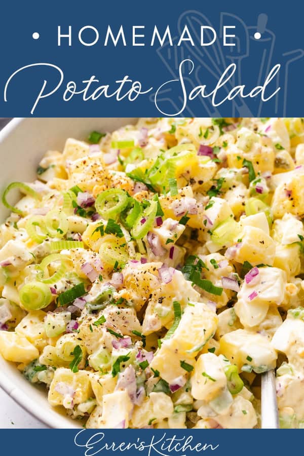 Close-up of a bowl of Homemade Potato Salad with chopped green onions, red onions, herbs, and black pepper, all topped with a creamy dressing. Text overlay reads "Homemade Potato Salad" and "Erren's Kitchen.