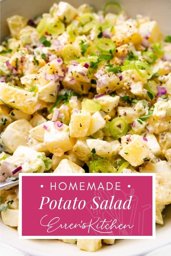 A close-up of Homemade Potato Salad features chopped potatoes, green onions, red onions, and herbs mixed in a creamy dressing. A pink label at the bottom reads "Homemade Potato Salad, Erren's Kitchen.
