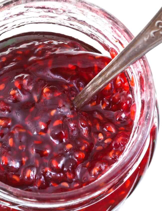 top view of jar of raspberry jam