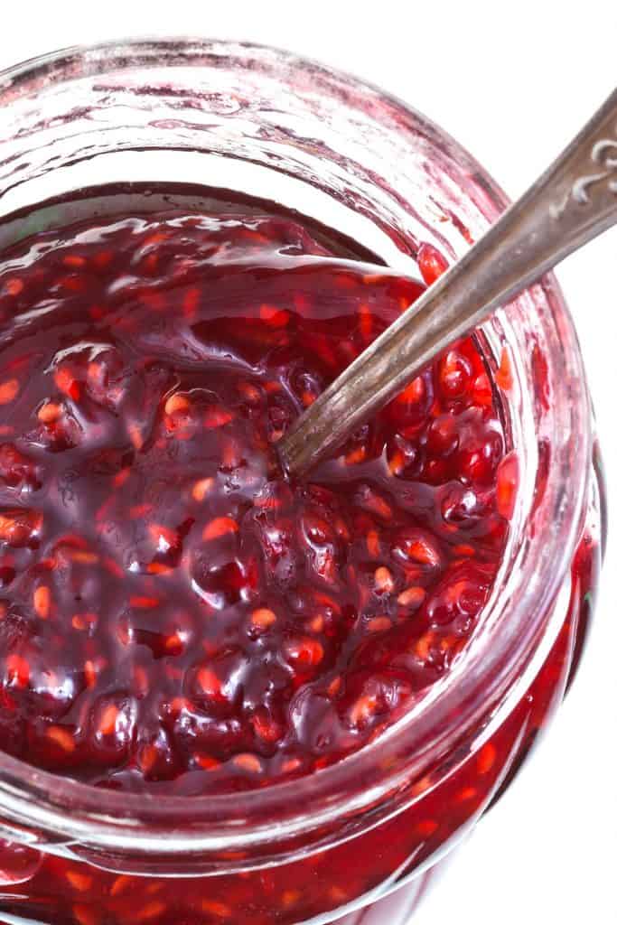 top view of jar of raspberry jam