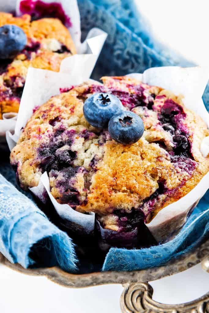 A close up of blueberry muffins with fresh blueberries on top
