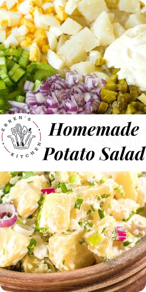 potato salad in a wooden bowl with a wooden spoon next to it and salt and pepper in the background