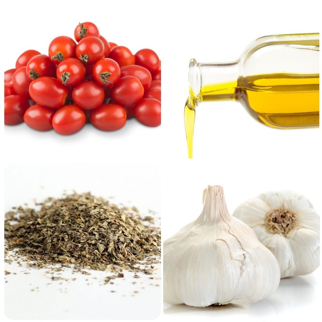 ingredients; tomatoes, oil, herbs and garlic