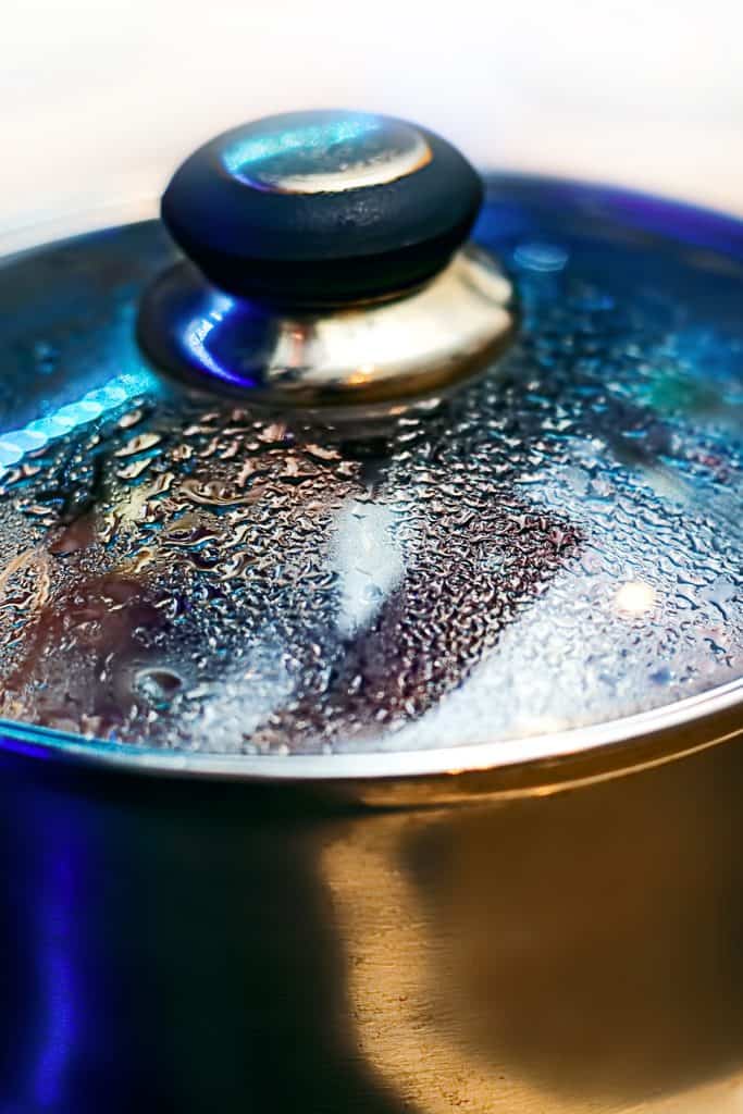 metal pot with lid on stove
