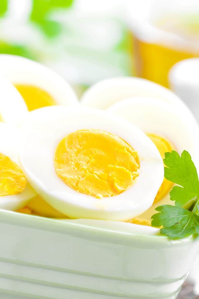 hard boiled eggs in a ceramic bowl