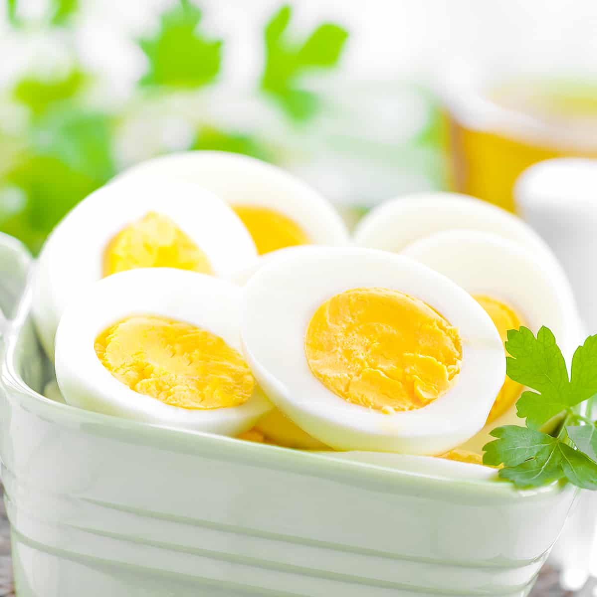 halved hard boiled eggs in a bowl