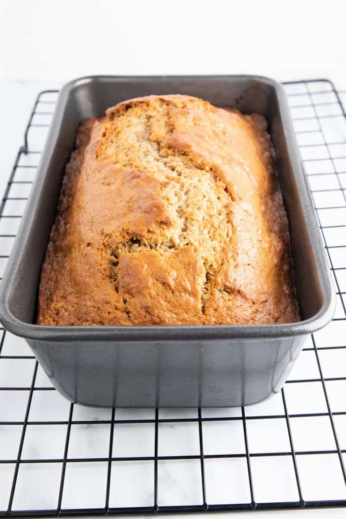 freshly baked sour cream banana bread out of the oven