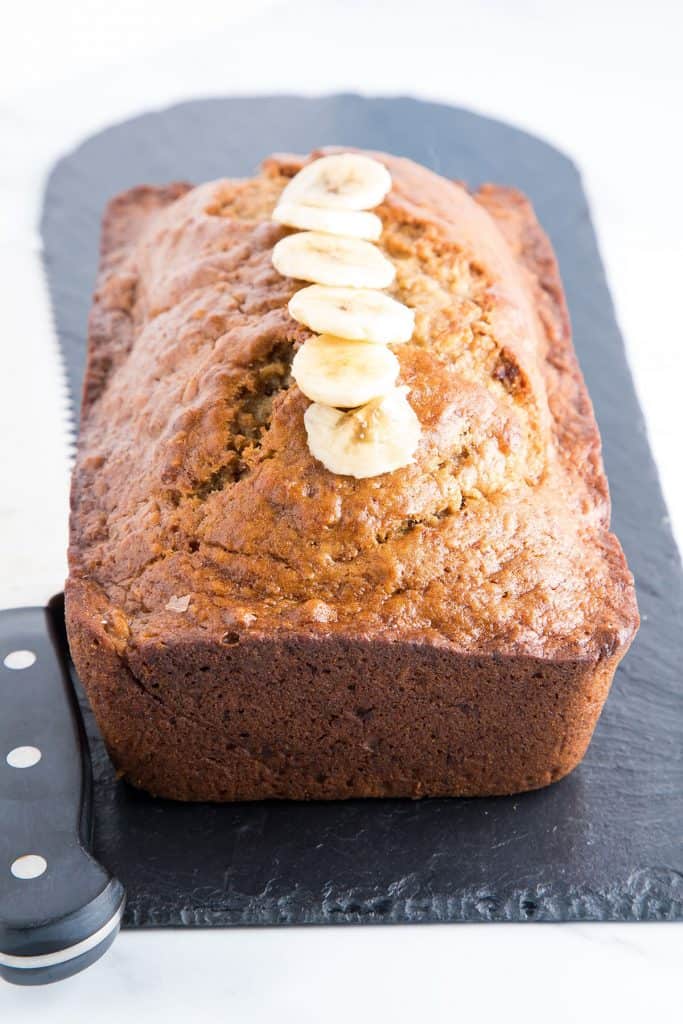 banana bread decorated with sliced banana