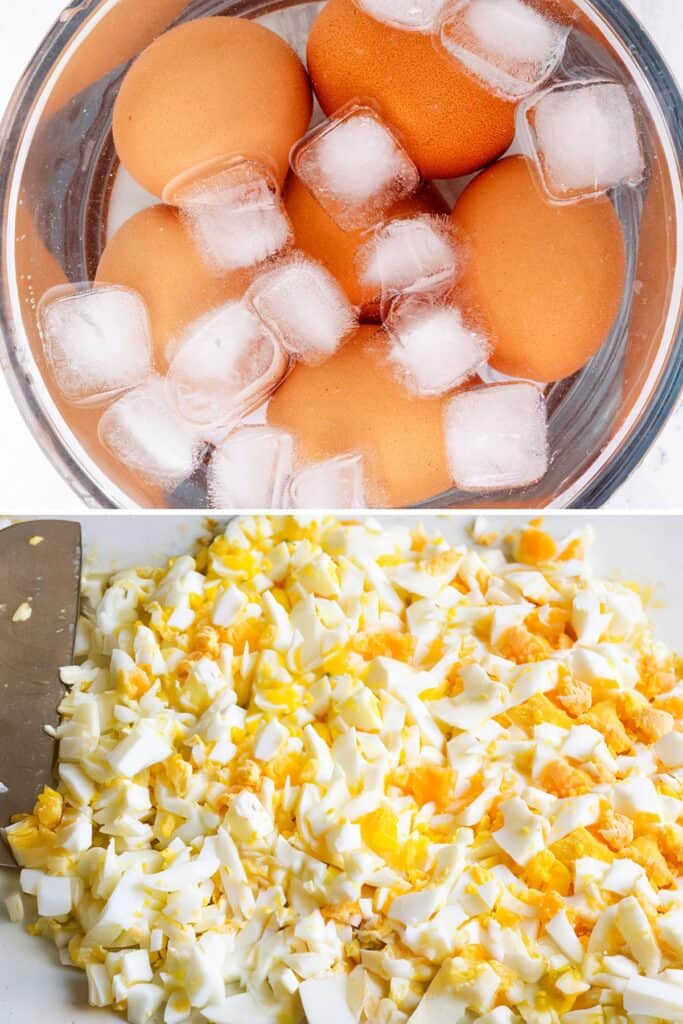 A bowl of brown eggs chilled with ice cubes in water sits above a close-up of chopped hard-boiled eggs—white and yellow pieces mixed together—the perfect start for the Best Classic Egg Salad Recipe.