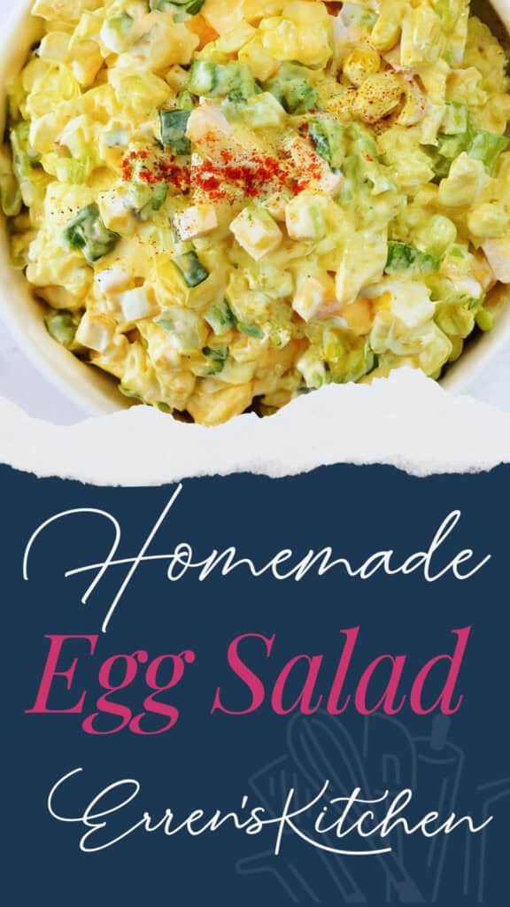 A bowl of creamy homemade egg salad, garnished with paprika, sits above stylish text that reads: "Egg Salad, Erren's Kitchen.