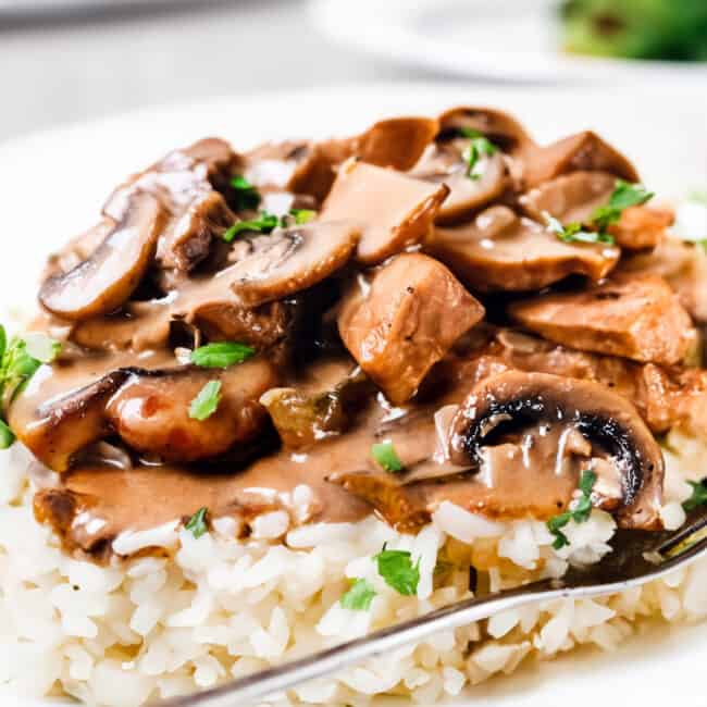 a close up image of Chicken Stroganoff on rice with a fork laying on the plate.