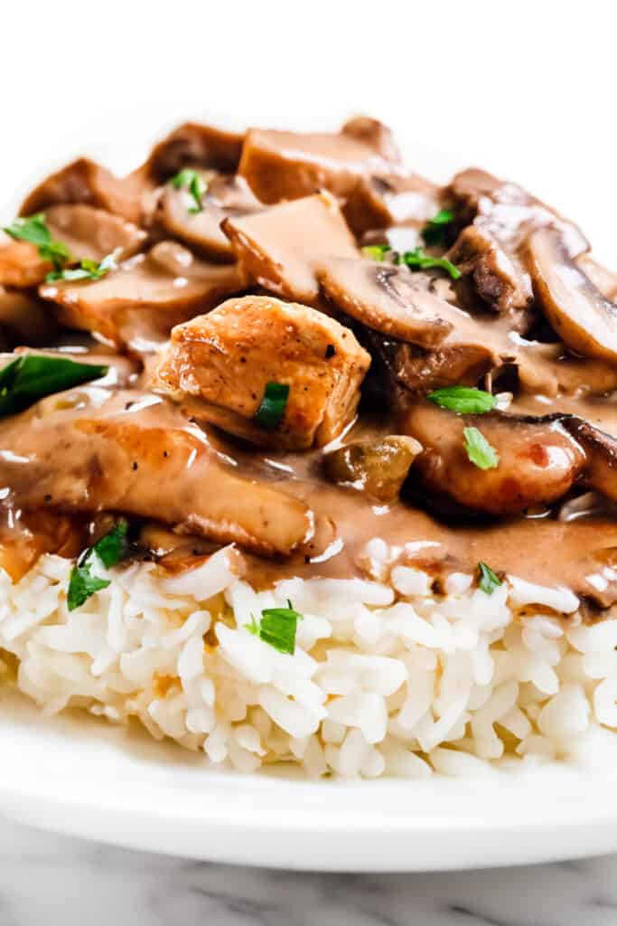 a close up image of Chicken Stroganoff on a white plate with a white background.