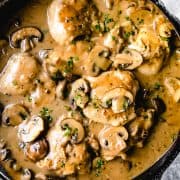 A squre photo of a pan of Chicken with mushrooms in a brown sauce