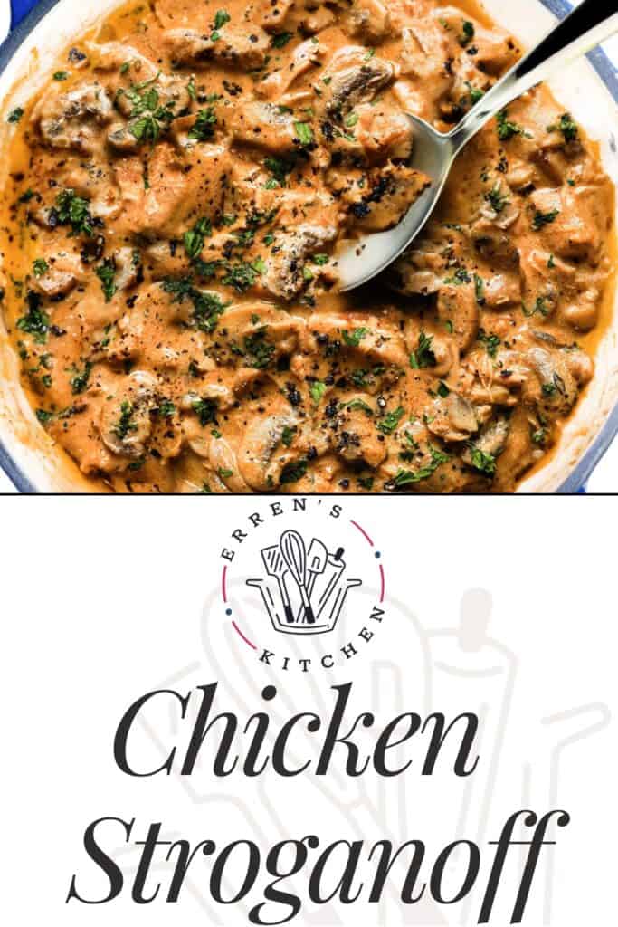 a pinterest pin showing the finished Chicken Stroganoff with a serving spoon in the pan.