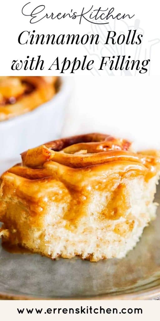 a cinnamon bun with caramel glaze and apple filling