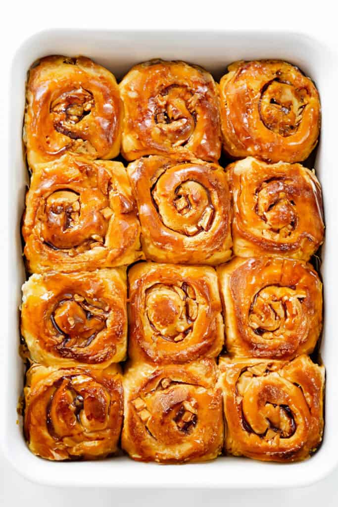 A top view of the freshly baked delicious Cinnamon Rolls in the pan.