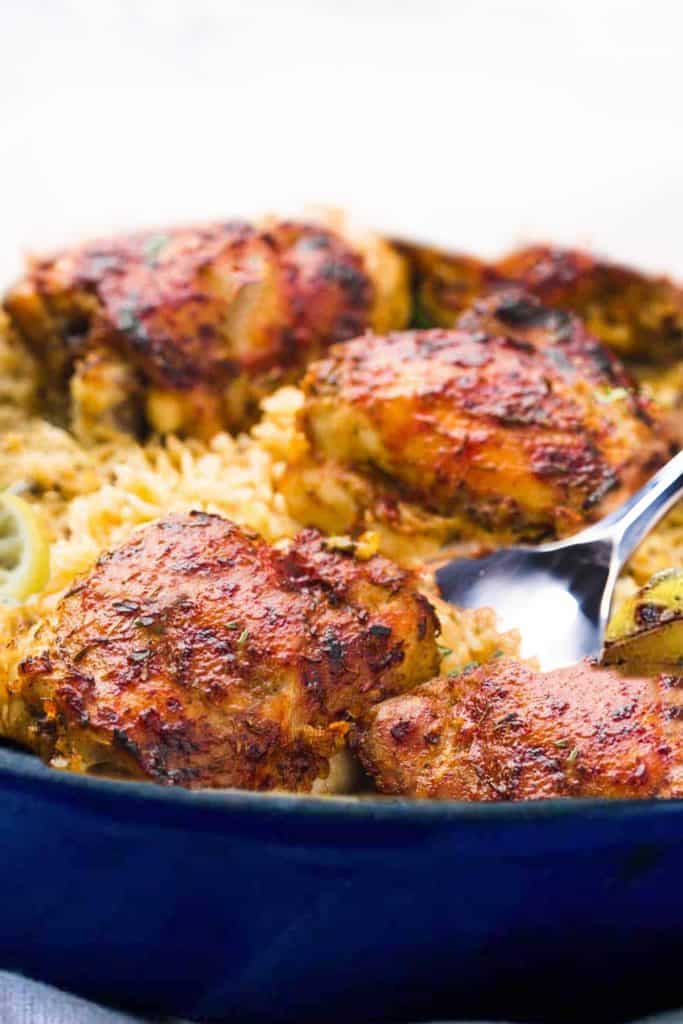 A spoonful of chicken and rice