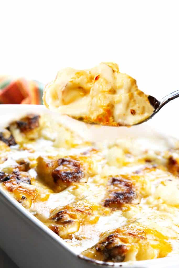 a spoonful of cauliflower with cheese sauce over a dish of Cheesy Cauliflower Bake