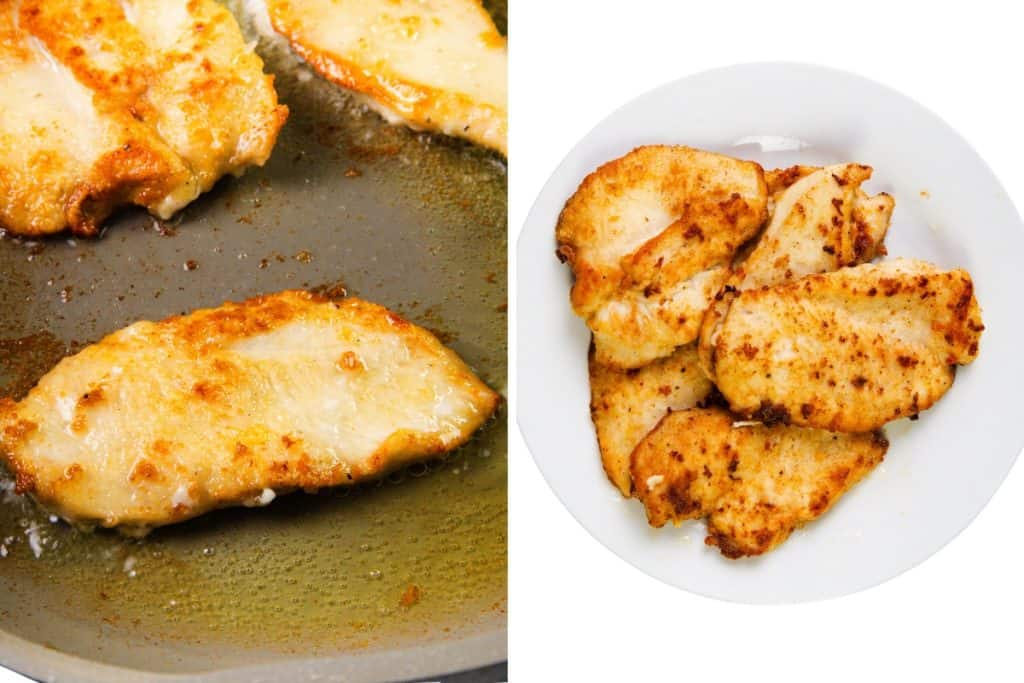  On the left, several pieces of chicken destined for Chicken Marsala are being fried in a pan. On the right, beautifully browned Chicken Marsala pieces are arranged on a white plate.