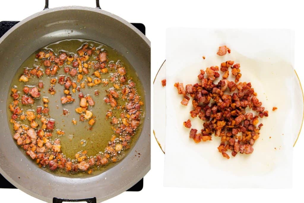 A frying pan with browned cubed bacon and rendered fat on the left, essential for Chicken Marsala, and cooked bacon pieces draining on a paper towel-lined plate on the right.