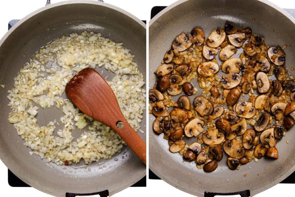  on the left, chopped onions are being sautéed in a pan with a wooden spoon; on the right, sautéed mushrooms and onions, golden brown—classic ingredients for Chicken Marsala.