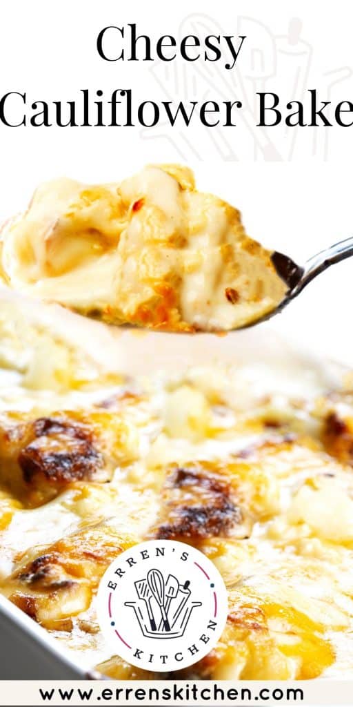 A pan of freshly baked Cheesy Cauliflower Bake with a spoonful being served