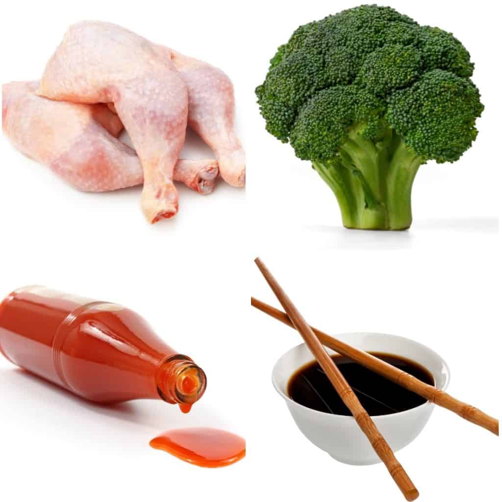 ingredients for dragon chicken: chicken thighs, broccoli, hot sauce and soy sauce.