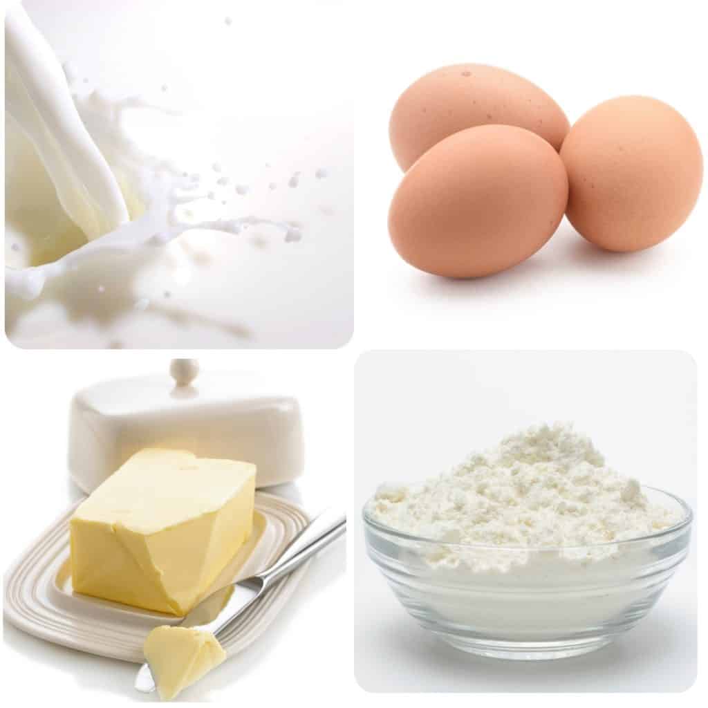 ingredients for pastry cream: milk, eggs, butter, cornstarch