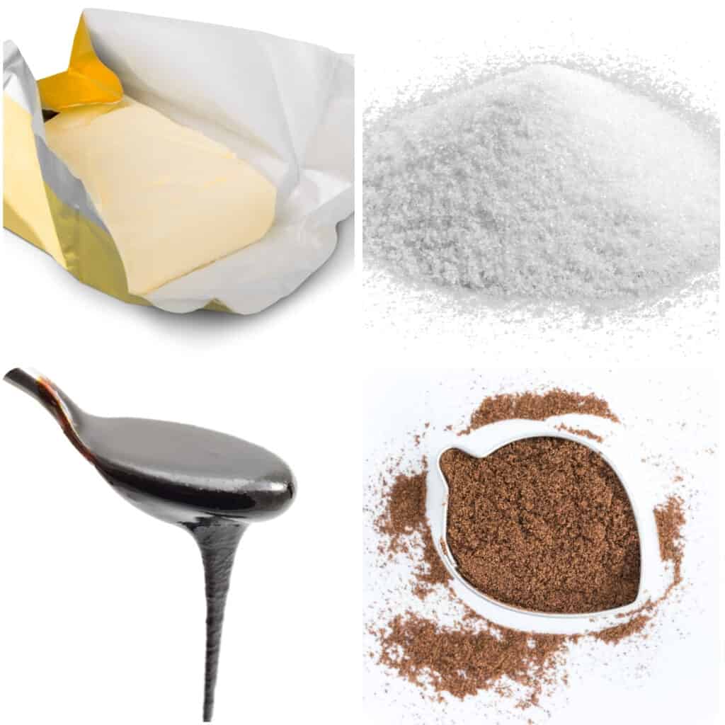 ingredients for cookies: butter, sugar, molasses and allspice
