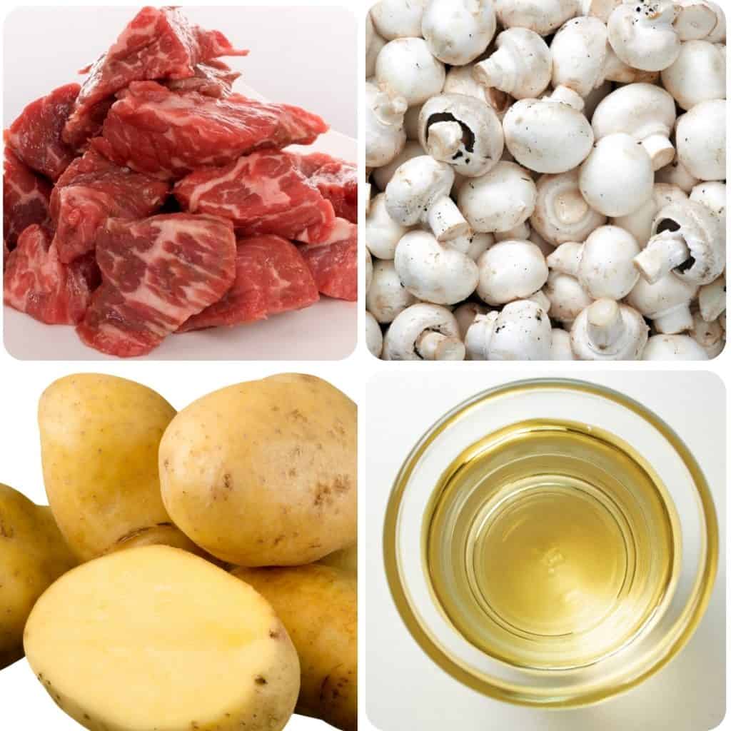 ingredients for stew: beef, mushrooms, potatoes, cooking sherry