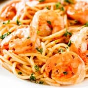 shrimp and spaghetti on a plate ready to serve