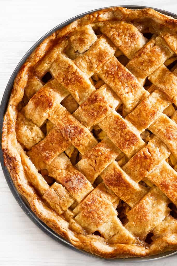 a freshly baked apple pie with Lattice top