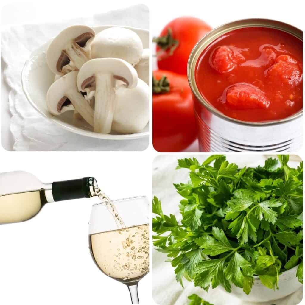 ingredients: mushrooms, tomatoes, white wine and parsley