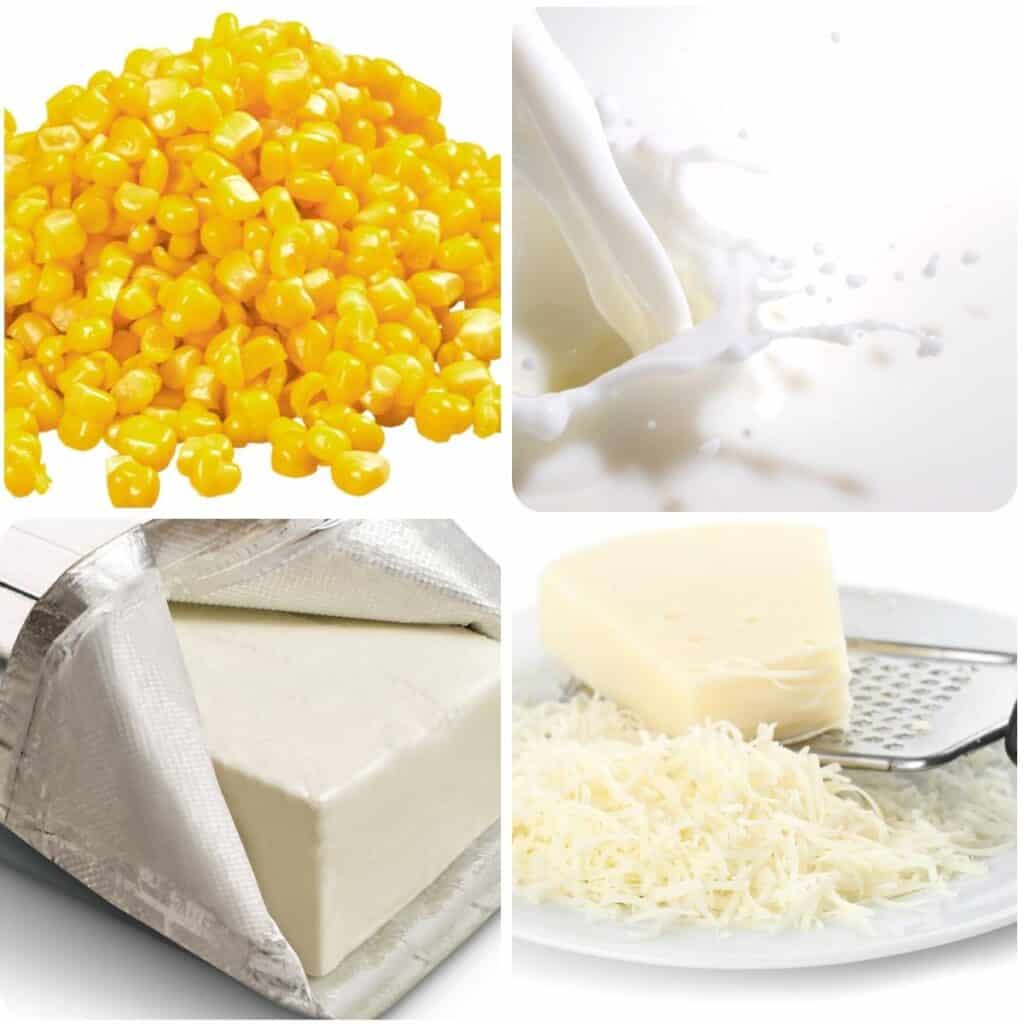 corn, cream, a block of cream cheese and grated cheese