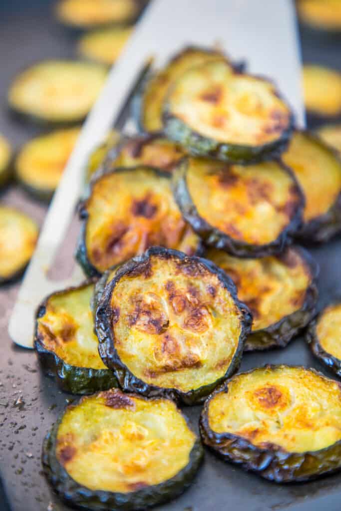 roasted sliced zucchini in a pan